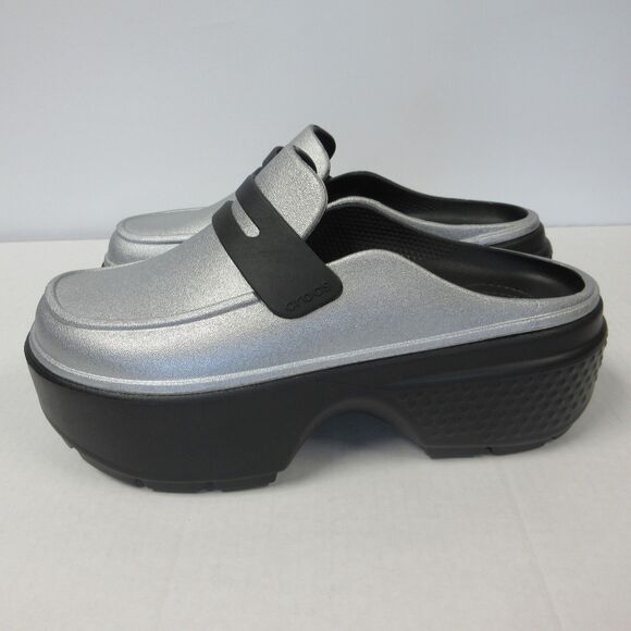 CROCS Stomp Metallic Penny‎ Loafer Womens 8 Black Silver Platform Clog Shoes NEW - Picture 3 of 11